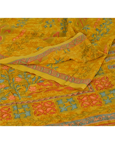 Sanskriti Vintage Yellow Sarees 100% Pure Crepe Silk Printed Sari Craft Fabric, PRC-8926-Yellow-Printed Floral-Pure Crepe Silk-1