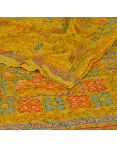 Sanskriti Vintage Yellow Sarees 100% Pure Crepe Silk Printed Sari Craft Fabric, PRC-8926-Yellow-Printed Floral-Pure Crepe Silk-2