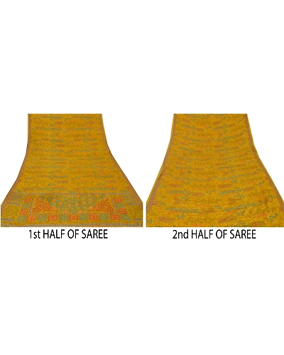 Sanskriti Vintage Yellow Sarees 100% Pure Crepe Silk Printed Sari Craft Fabric, PRC-8926-Yellow-Printed Floral-Pure Crepe Silk-3