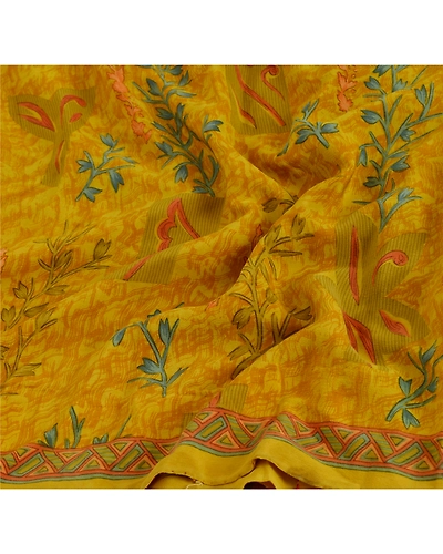 Sanskriti Vintage Yellow Sarees 100% Pure Crepe Silk Printed Sari Craft Fabric, PRC-8926-Yellow-Printed Floral-Pure Crepe Silk-4