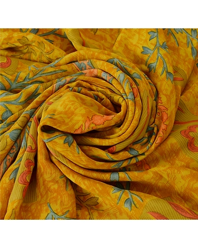 Sanskriti Vintage Yellow Sarees 100% Pure Crepe Silk Printed Sari Craft Fabric, PRC-8926-Yellow-Printed Floral-Pure Crepe Silk-5