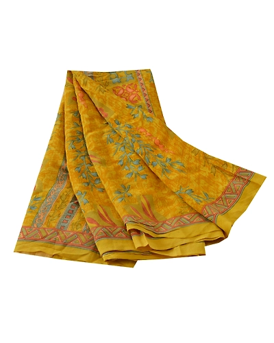 Sanskriti Vintage Yellow Sarees 100% Pure Crepe Silk Printed Sari Craft Fabric, PRC-8926-Yellow-Printed Floral-Pure Crepe Silk-6