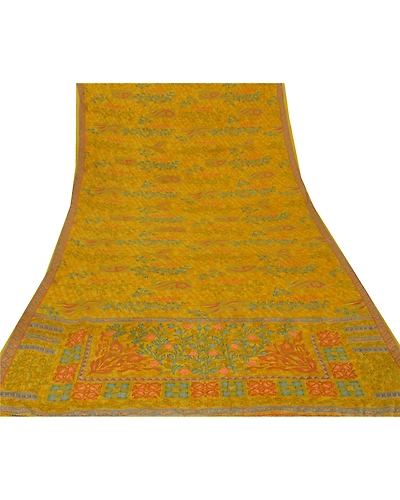 Sanskriti Vintage Yellow Sarees 100% Pure Crepe Silk Printed Sari Craft Fabric, PRC-8926-Yellow-Printed Floral-Pure Crepe Silk-7