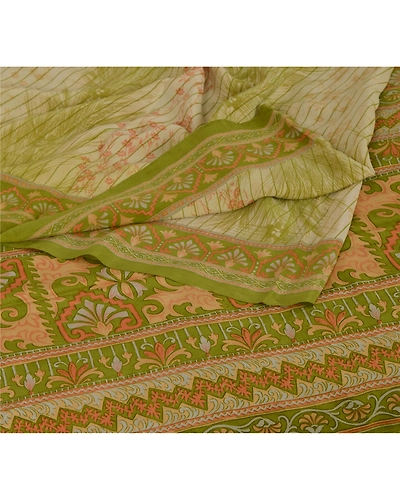 Sanskriti Vintage Green Sarees Pure Crepe Silk Printed Sari 5 Yd Craft Fabric, PRC-8935-Green-Printed Floral-Pure Crepe Silk-1