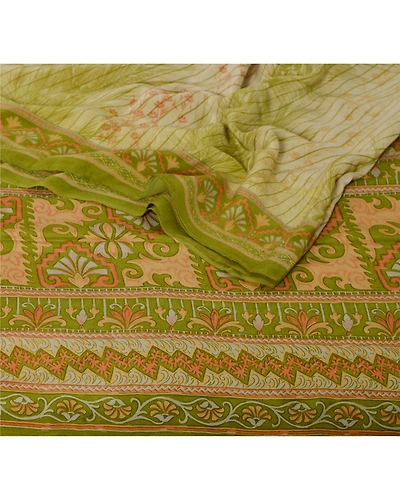 Sanskriti Vintage Green Sarees Pure Crepe Silk Printed Sari 5 Yd Craft Fabric, PRC-8935-Green-Printed Floral-Pure Crepe Silk-2