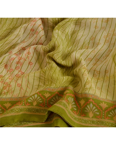 Sanskriti Vintage Green Sarees Pure Crepe Silk Printed Sari 5 Yd Craft Fabric, PRC-8935-Green-Printed Floral-Pure Crepe Silk-4