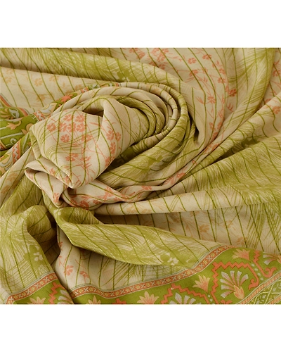Sanskriti Vintage Green Sarees Pure Crepe Silk Printed Sari 5 Yd Craft Fabric, PRC-8935-Green-Printed Floral-Pure Crepe Silk-5
