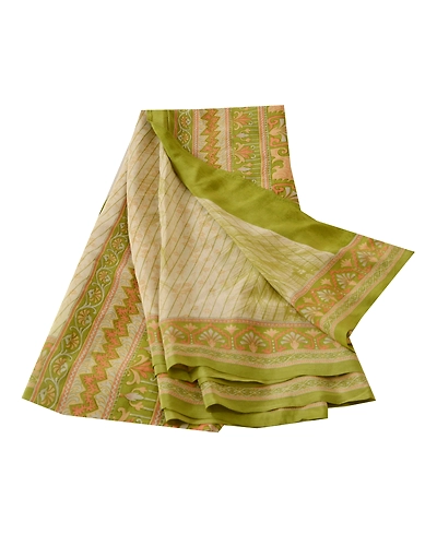 Sanskriti Vintage Green Sarees Pure Crepe Silk Printed Sari 5 Yd Craft Fabric, PRC-8935-Green-Printed Floral-Pure Crepe Silk-6