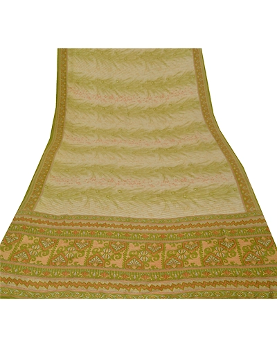 Sanskriti Vintage Green Sarees Pure Crepe Silk Printed Sari 5 Yd Craft Fabric, PRC-8935-Green-Printed Floral-Pure Crepe Silk-7