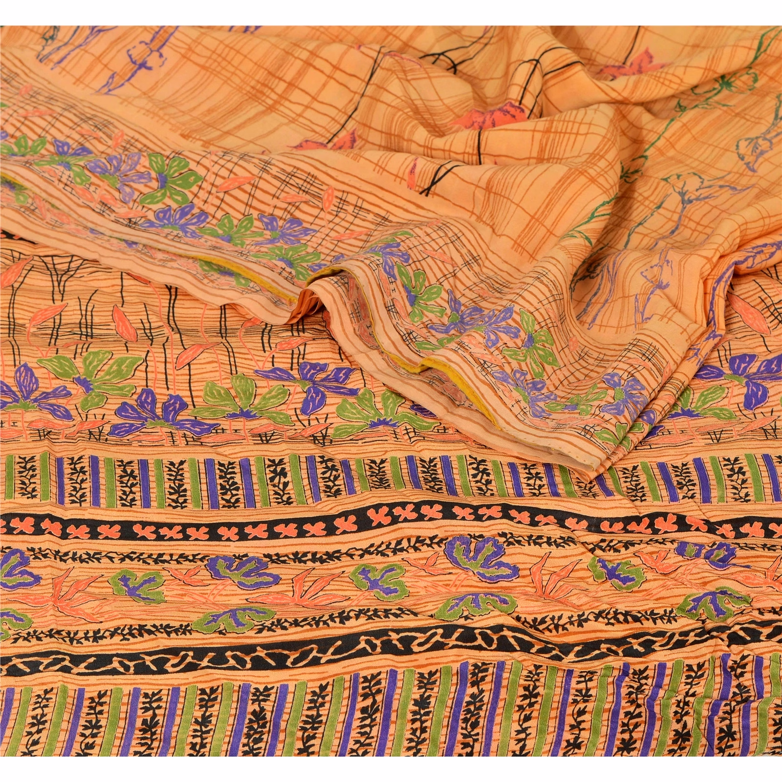 Sanskriti Vintage Peach Sarees Pure Crepe Silk Printed Sari Craft Soft Fabric, PRC-9020 image 1