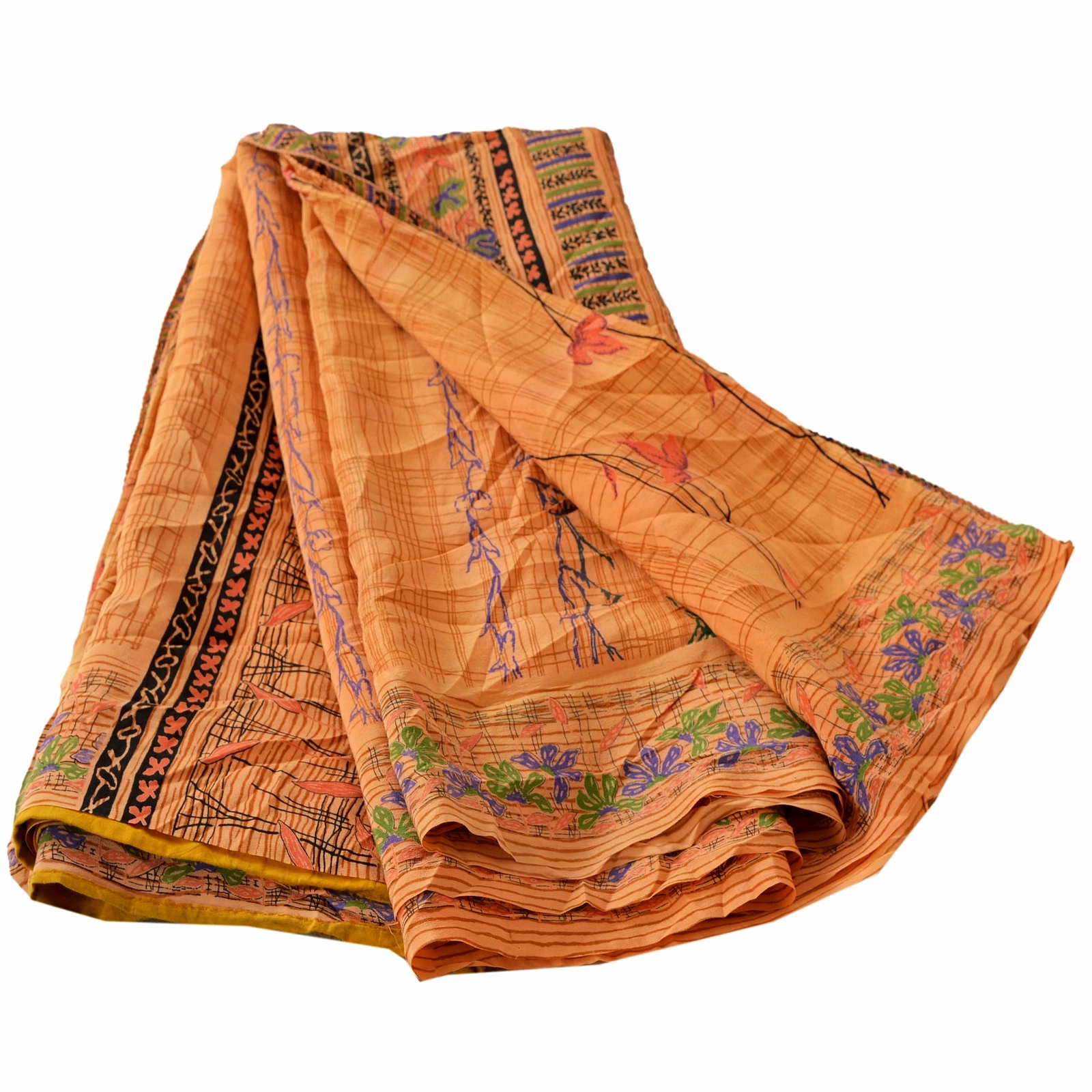 Sanskriti Vintage Peach Sarees Pure Crepe Silk Printed Sari Craft Soft Fabric, PRC-9020 image 6