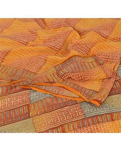 Sanskriti Vintage Saffron Sarees 100% Pure Crepe Silk Printed Sari Craft Fabric, PRC-9139-Saffron-Printed Floral-Pure Crepe Silk-1