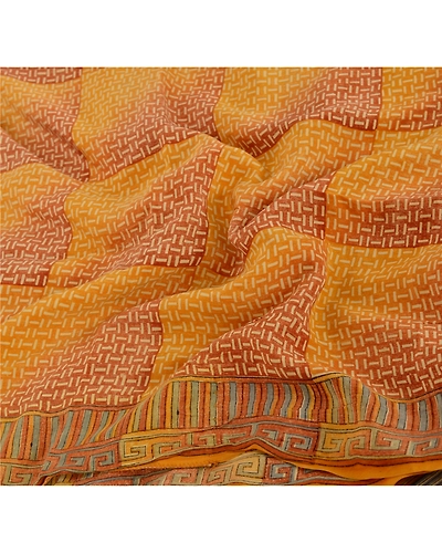 Sanskriti Vintage Saffron Sarees 100% Pure Crepe Silk Printed Sari Craft Fabric, PRC-9139-Saffron-Printed Floral-Pure Crepe Silk-4