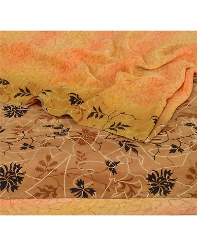 Sanskriti Vintage Cream Saree Pure Crepe Silk Printed Sari 5 Yd Craft Fabric, PRC-9182-Cream-Printed Floral-Pure Crepe Silk-2