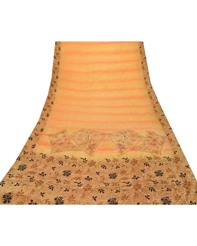 Sanskriti Vintage Cream Saree Pure Crepe Silk Printed Sari 5 Yd Craft Fabric, PRC-9182-Cream-Printed Floral-Pure Crepe Silk-7