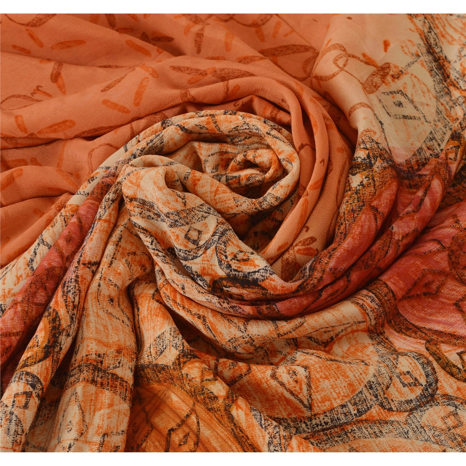 Sanskriti Vintage Orange Sarees Pure Crepe Silk Floral Printed Sari Craft Fabric, PRC-9900-Orange-Printed Floral-Pure Crepe Silk-5