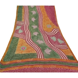 Sanskriti Vintage Indian Sari Blend Georgette Hand Beaded Fabric 5 Yd Sarees, PS-51551
