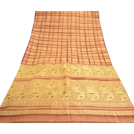 Sanskriti Vintage Beige Sarees 100% Pure Silk Handwoven Sari 5 Yard Fabric, PS-57134