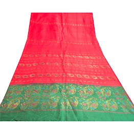 Sanskriti Vintage Red Sarees Blend Silk Hand- Woven Zari Premium Sari Fabric, PS-57532