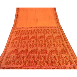 Sanskriti Vintage Peach Sarees Pure Silk Woven & Printed Craft 5 Yd Fabric Sari, PS-52975