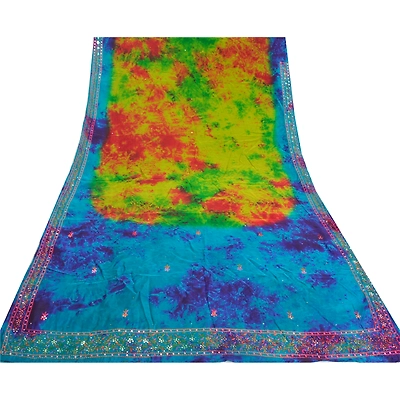 Sanskriti Vintage Sarees Green Pure Silk Beaded Tie-Dye Premium Sari Fabric, PS-57976