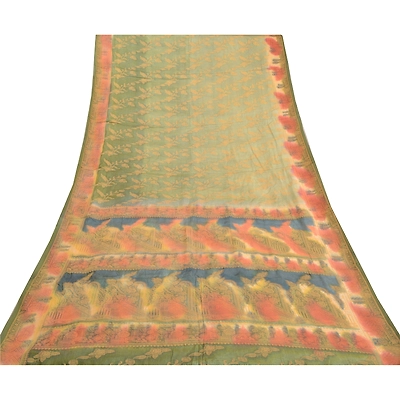 Sanskriti Vintage Green Indian Sarees Pure Silk Handwoven Sari Craft Fabric, PS-57870