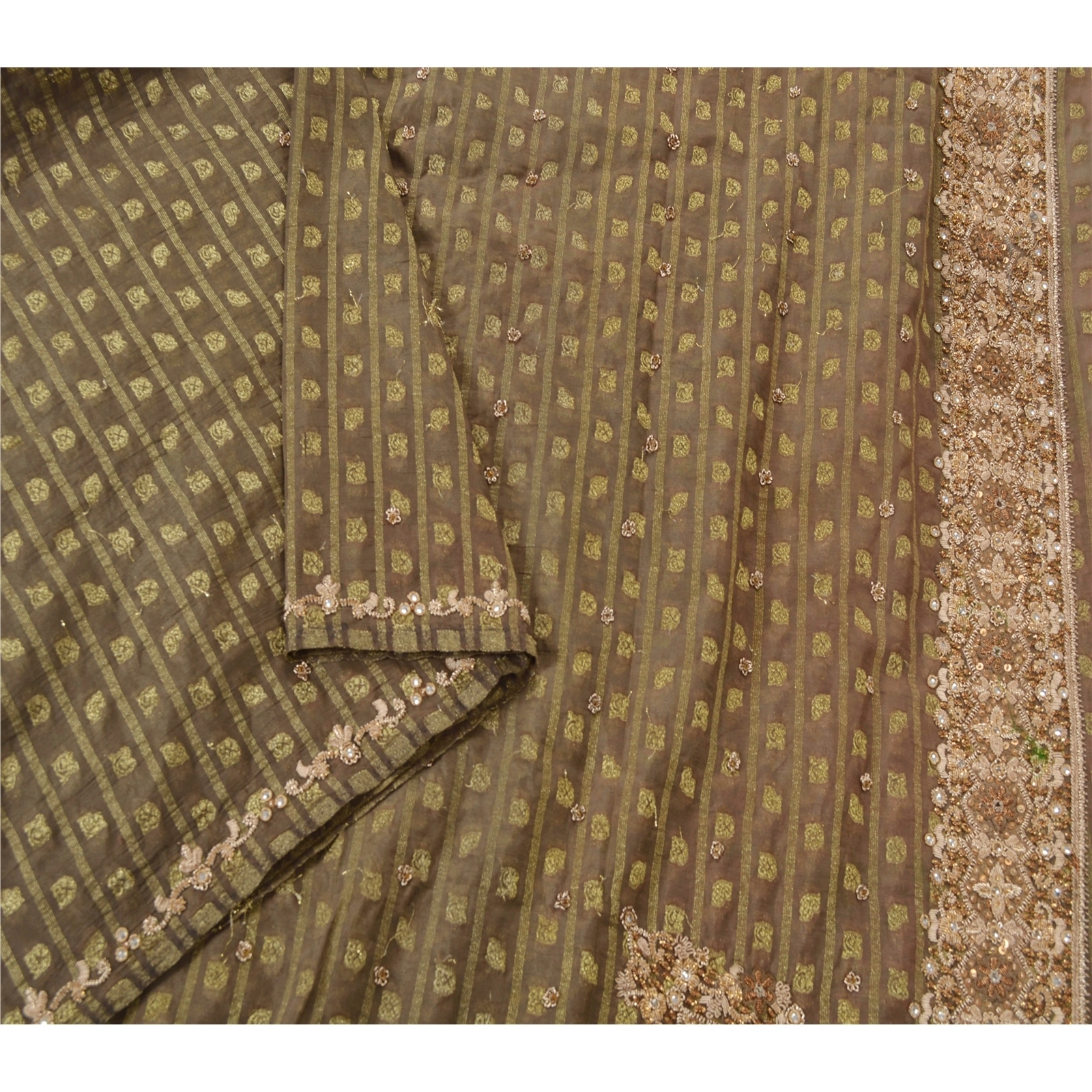 Sanskriti Vintage Green Sarees Georgette Hand Beaded Woven Fabric Cultural Sari, PS-21677-Green-Hand Beaded With Zari Work-Georgette-1