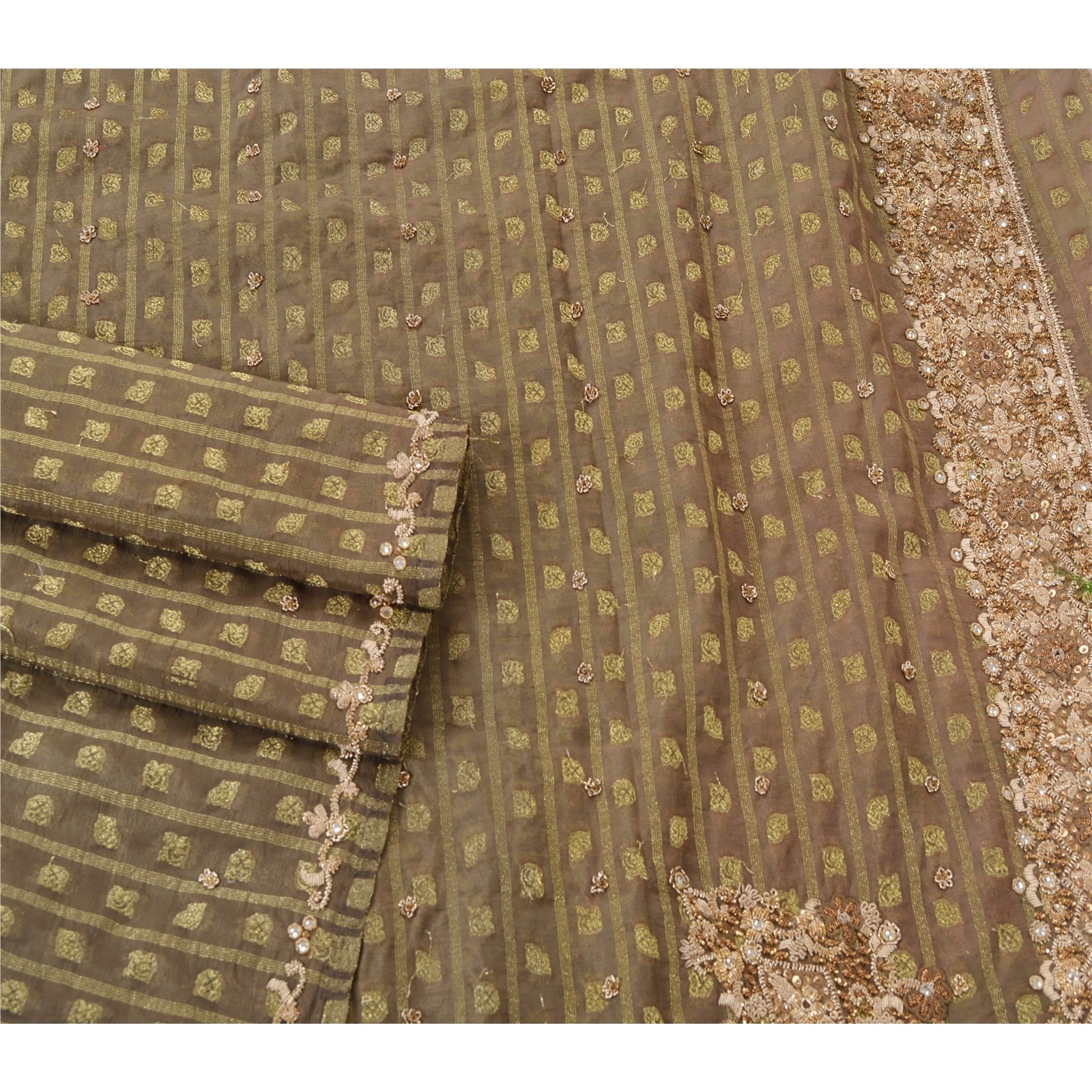 Sanskriti Vintage Green Sarees Georgette Hand Beaded Woven Fabric Cultural Sari, PS-21677-Green-Hand Beaded With Zari Work-Georgette-2