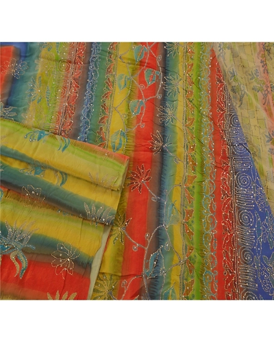 Sanskriti Vintage Sarees Pure Crepe Silk Hand Embroidered Fabric Kantha Sari, PS-38300-Multi-Thread Work-100% Pure Crepe Silk-2