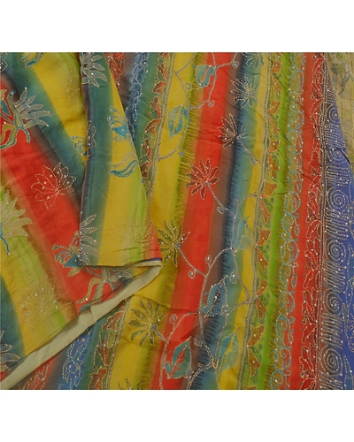 Sanskriti Vintage Sarees Pure Crepe Silk Hand Embroidered Fabric Kantha Sari, PS-38300-Multi-Thread Work-100% Pure Crepe Silk-3
