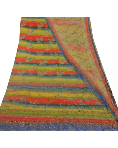 Sanskriti Vintage Sarees Pure Crepe Silk Hand Embroidered Fabric Kantha Sari, PS-38300-Multi-Thread Work-100% Pure Crepe Silk-7