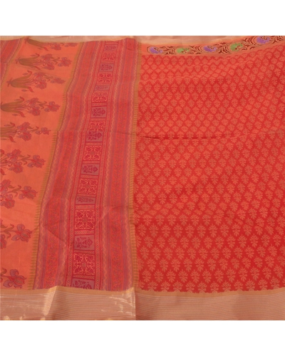 Sanskriti Vintage Peach Sarees Blend Cotton Embroidered Fabric Premium 5 Yd Sari, PS-38375-Peach-Thread Work-Blend Cotton-1