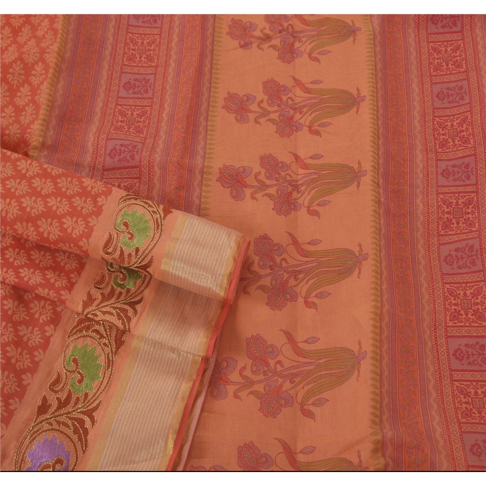 Sanskriti Vintage Peach Sarees Blend Cotton Embroidered Fabric Premium 5 Yd Sari, PS-38375-Peach-Thread Work-Blend Cotton-2