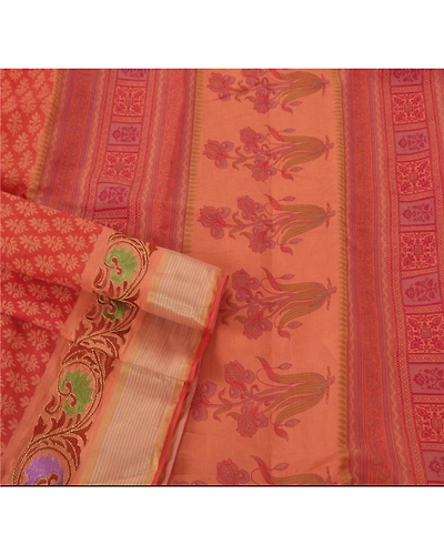 Sanskriti Vintage Peach Sarees Blend Cotton Embroidered Fabric Premium 5 Yd Sari, PS-38375-Peach-Thread Work-Blend Cotton-2