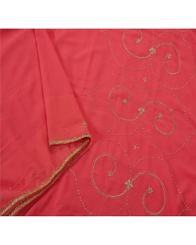 Sanskriti Vintage Peach Sarees Blend Georgette Hand Beaded Fabric Premium Sari, PS-38501-Peach-Zardozi Work-Blend Georgette-2