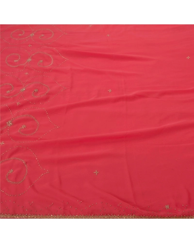 Sanskriti Vintage Peach Sarees Blend Georgette Hand Beaded Fabric Premium Sari, PS-38501-Peach-Zardozi Work-Blend Georgette-5