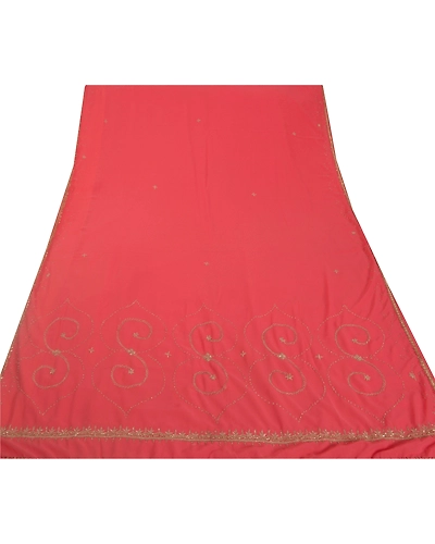 Sanskriti Vintage Peach Sarees Blend Georgette Hand Beaded Fabric Premium Sari, PS-38501-Peach-Zardozi Work-Blend Georgette-7