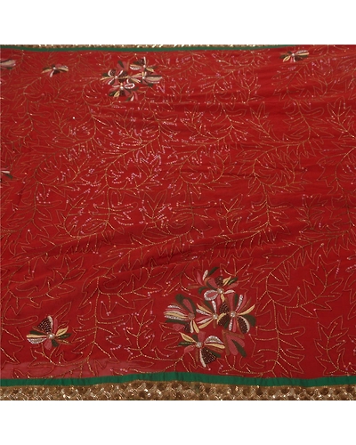Sanskriti Vintage Sari Blend Georgette Hand Beaded Fabric Premium Sarees Blouse, PS-39277-Dark Red-Glass Work-Blend Georgette-1