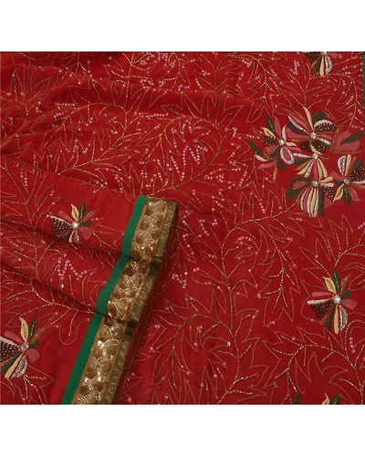 Sanskriti Vintage Sari Blend Georgette Hand Beaded Fabric Premium Sarees Blouse, PS-39277-Dark Red-Glass Work-Blend Georgette-2