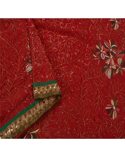 Sanskriti Vintage Sari Blend Georgette Hand Beaded Fabric Premium Sarees Blouse, PS-39277-Dark Red-Glass Work-Blend Georgette-3