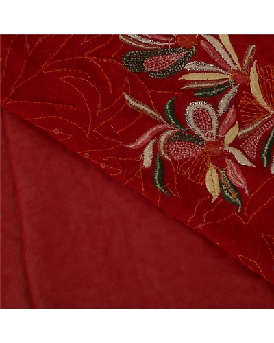 Sanskriti Vintage Sari Blend Georgette Hand Beaded Fabric Premium Sarees Blouse, PS-39277-Dark Red-Glass Work-Blend Georgette-4