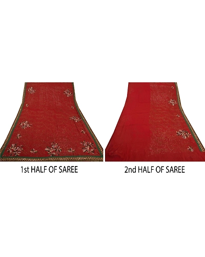 Sanskriti Vintage Sari Blend Georgette Hand Beaded Fabric Premium Sarees Blouse, PS-39277-Dark Red-Glass Work-Blend Georgette-5