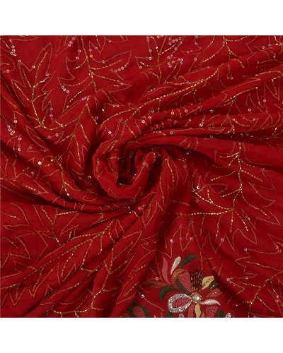 Sanskriti Vintage Sari Blend Georgette Hand Beaded Fabric Premium Sarees Blouse, PS-39277-Dark Red-Glass Work-Blend Georgette-6