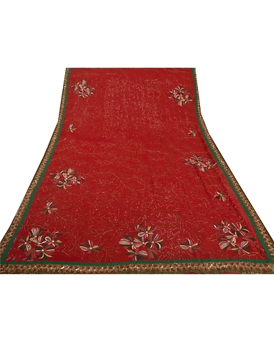Sanskriti Vintage Sari Blend Georgette Hand Beaded Fabric Premium Sarees Blouse, PS-39277-Dark Red-Glass Work-Blend Georgette-7