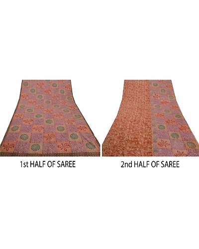 Sanskriti Vintage Cream Sarees Pure Crepe Silk Embroidered Craft Fabric Sari, PS-39296-Cream-Printed Work-100% Pure Crepe Silk-5