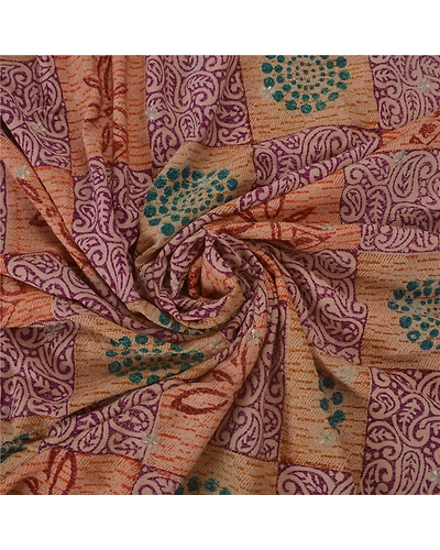 Sanskriti Vintage Cream Sarees Pure Crepe Silk Embroidered Craft Fabric Sari, PS-39296-Cream-Printed Work-100% Pure Crepe Silk-6