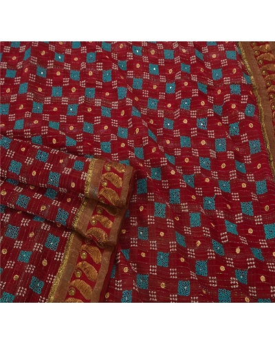 Sanskriti Vintage Dark Red Sarees Pure Georgette Silk Hand Beaded Fabric Sari, PS-39391-Dark Red-Thread Work &amp; Zari Work-100% Pure Georgette Silk-2