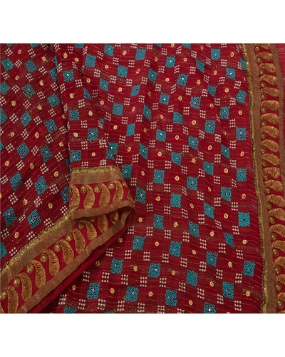 Sanskriti Vintage Dark Red Sarees Pure Georgette Silk Hand Beaded Fabric Sari, PS-39391-Dark Red-Thread Work &amp; Zari Work-100% Pure Georgette Silk-3