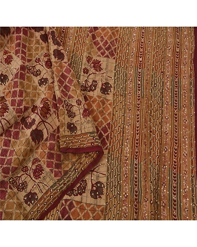 Sanskriti Vintage Peach Sarees Pure Crepe Silk Hand Beaded Fabric Premium Sari, PS-39417-Peach-Thread Work/Sequins-100% Pure Crepe Silk-3