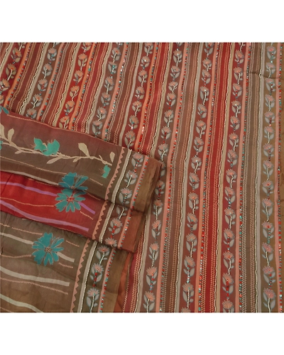 Sanskriti Vintage Sarees 100% Pure Crepe Silk Hand Beaded Fabric Premium Sari, PS-39448-Multi-Sequins/Beads Work-100% Pure Crepe Silk-2